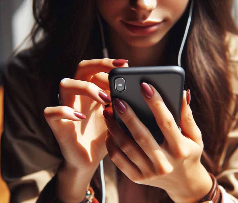 Female is facebooking using her phone. 