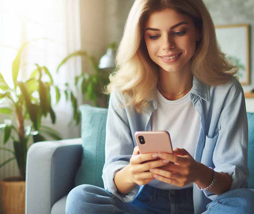 Female holding a smartphone and surfing on the social media.